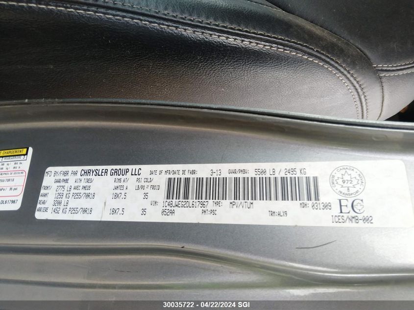 2013 Jeep Wrangler Unlimited Sahara VIN: 1C4BJWEG2DL617967 Lot: 39223317