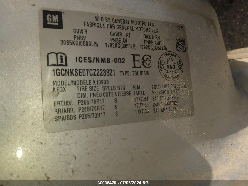 2012 Chevrolet Silverado K1500 Lt VIN: 1GCNKSE07CZ223821 Lot: 30036420