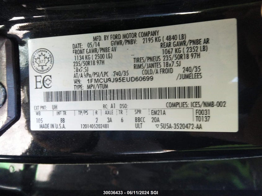 2014 Ford Escape Titanium VIN: 1FMCU9J95EUD60699 Lot: 30036433