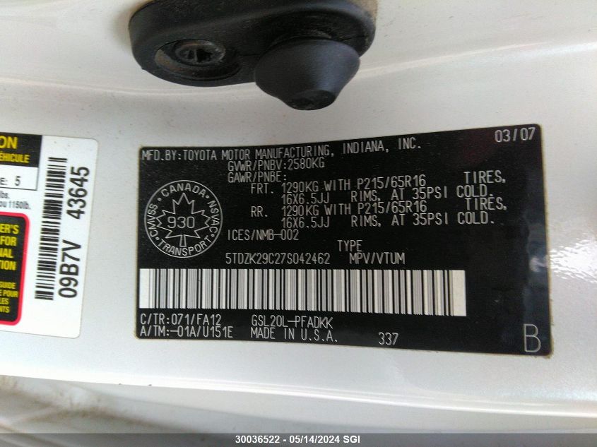 2007 Toyota Sienna Ce VIN: 5TDZK29C27S042462 Lot: 30036522