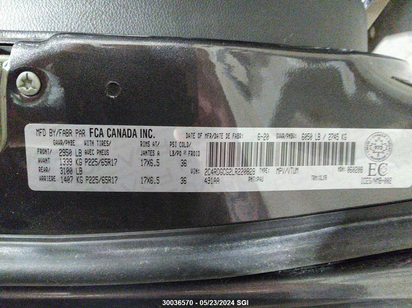 2020 Dodge Grand Caravan Sxt VIN: 2C4RDGCG2LR220828 Lot: 30036570