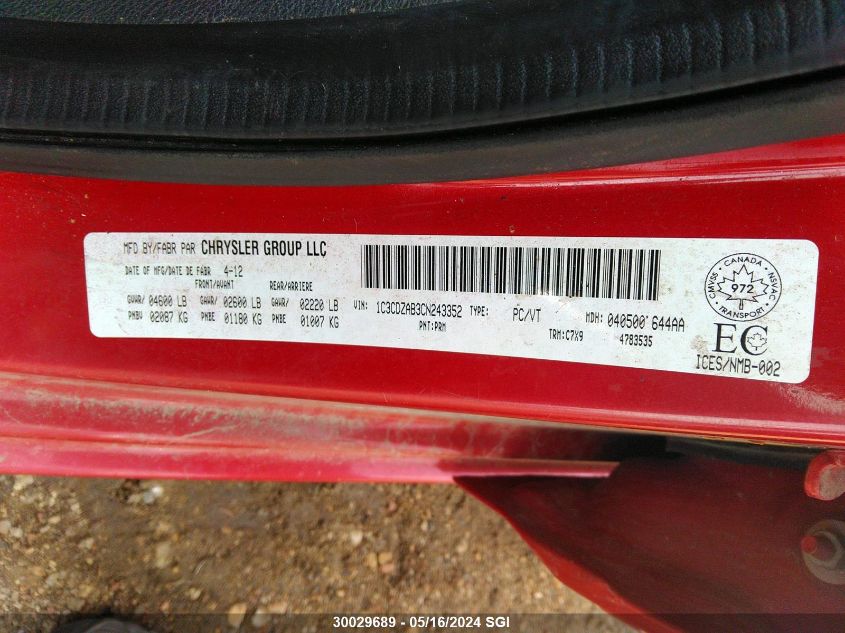 2012 Dodge Avenger Se VIN: 1C3CDZAB3CN243352 Lot: 30029689