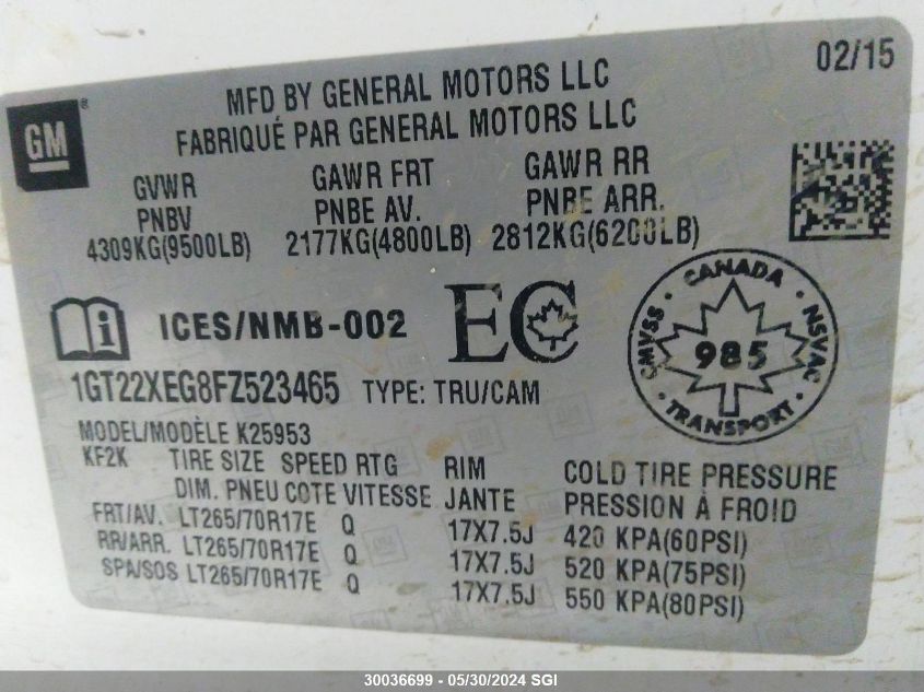 2015 GMC Sierra K2500 Heavy Duty VIN: 1GT22XEG8FZ523465 Lot: 30036699