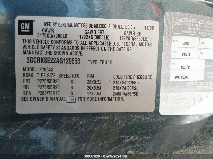 2010 Chevrolet Silverado K1500 Lt VIN: 3GCRKSE22AG129863 Lot: 30037020