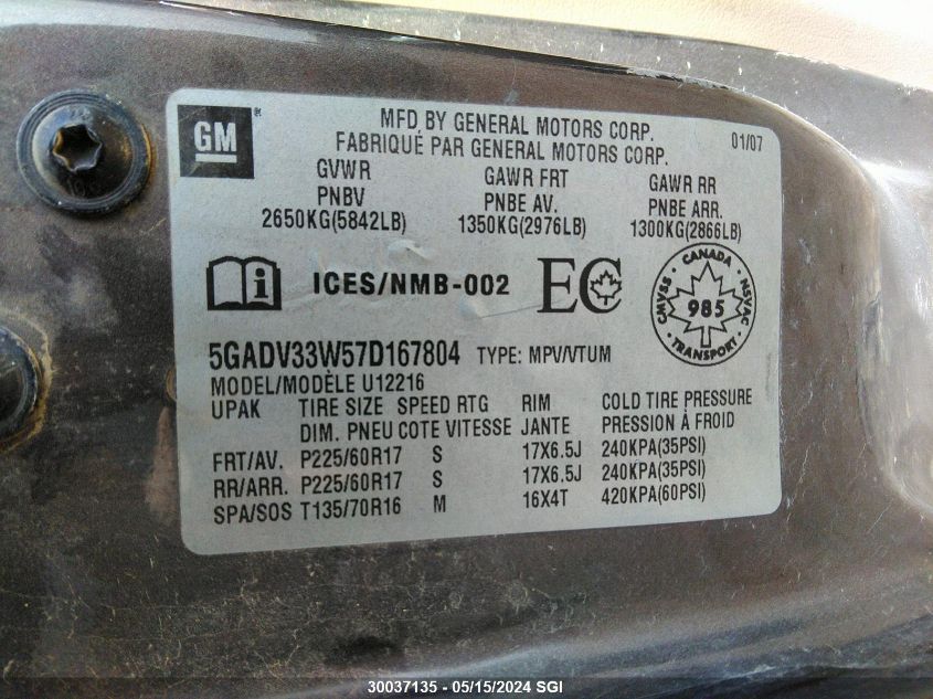 2007 Buick Terraza Cxl VIN: 5GADV33W57D167804 Lot: 30037135