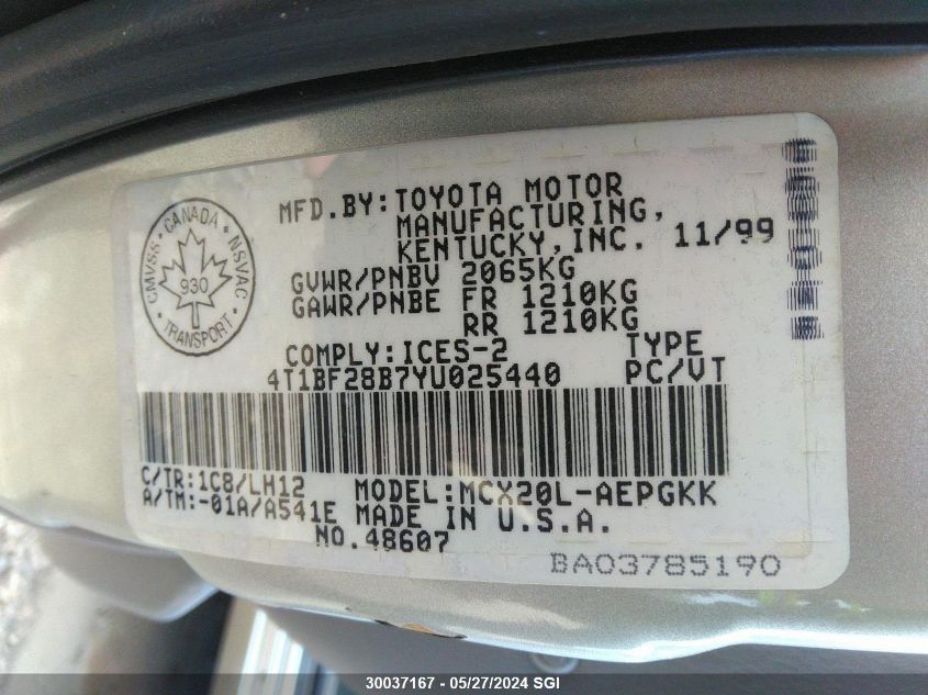 2000 Toyota Avalon Xl/Xls VIN: 4T1BF28B7YU025440 Lot: 30037167