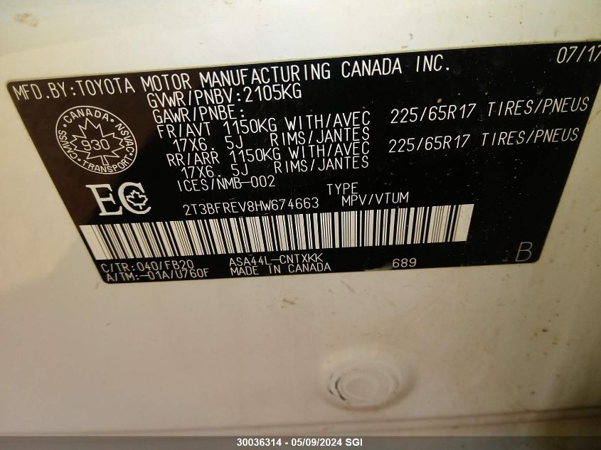 2017 Toyota Rav4 Le VIN: 2T3BFREV8HW674663 Lot: 30036314