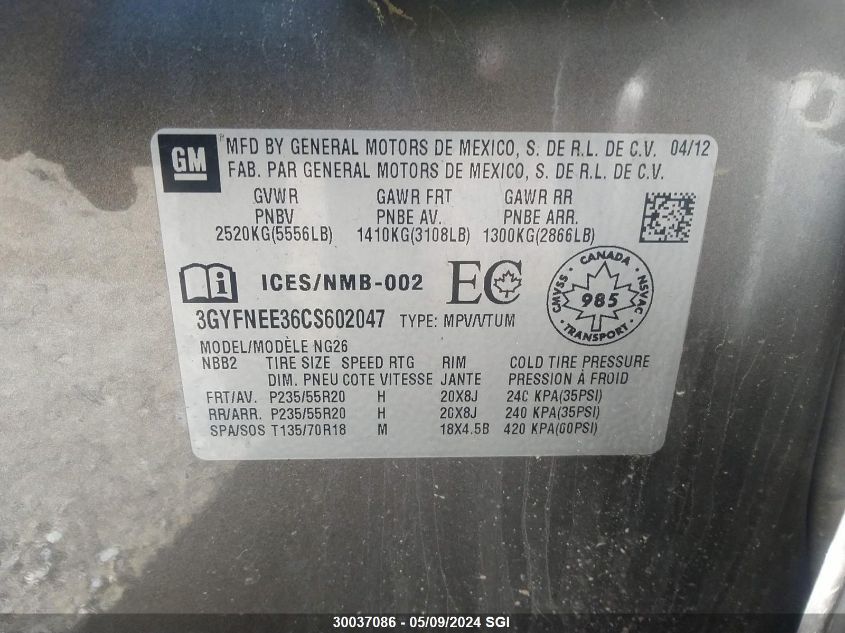 2012 Cadillac Srx Performance Collection VIN: 3GYFNEE36CS602047 Lot: 30037086