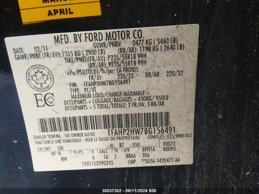 2011 Ford Taurus Sel VIN: 1FAHP2HW7BG156491 Lot: 30037302