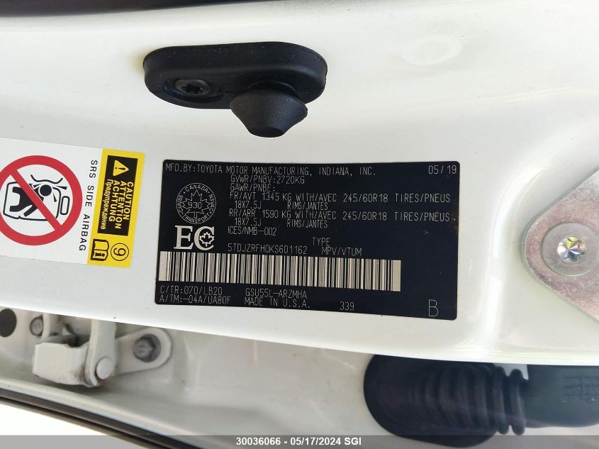 2019 Toyota Highlander Se/Xle VIN: 5TDJZRFH0KS601162 Lot: 30036066