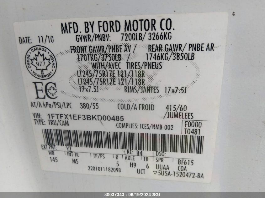 2011 Ford F150 Super Cab VIN: 1FTFX1EF3BKD00485 Lot: 30037343