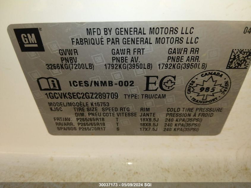 2016 Chevrolet Silverado 1500 VIN: 1GCVKSEC2GZ289709 Lot: 30037173