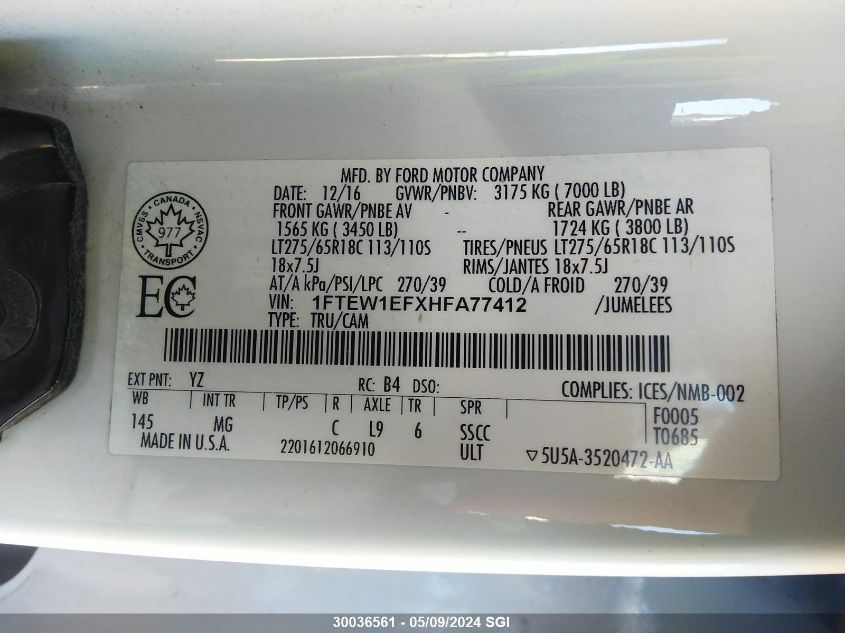 2017 Ford F150 Supercrew VIN: 1FTEW1EFXHFA77412 Lot: 30036561