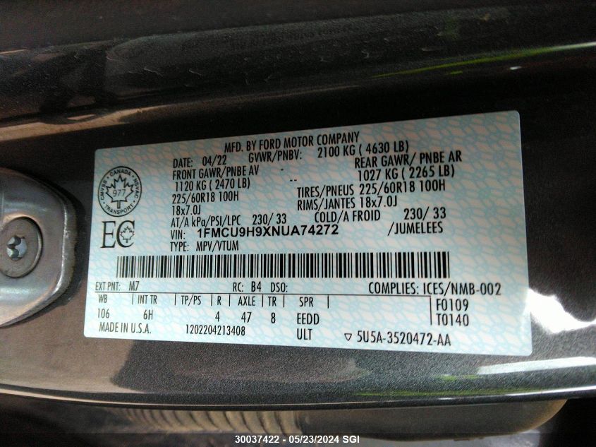 2022 Ford Escape Sel VIN: 1FMCU9H9XNUA74272 Lot: 30037422