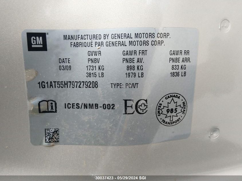 2009 Chevrolet Cobalt Lt VIN: 1G1AT55H797279208 Lot: 30037423