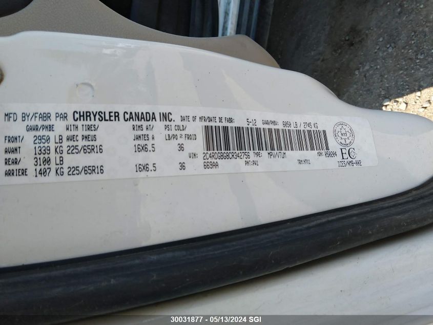 2012 Dodge Grand Caravan Se VIN: 2C4RDGBG8CR342756 Lot: 30031877