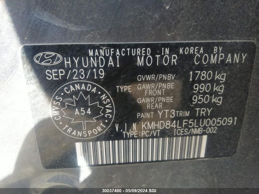 2020 Hyundai Elantra Sel/Value/Limited VIN: KMHD84LF5LU005091 Lot: 30037480