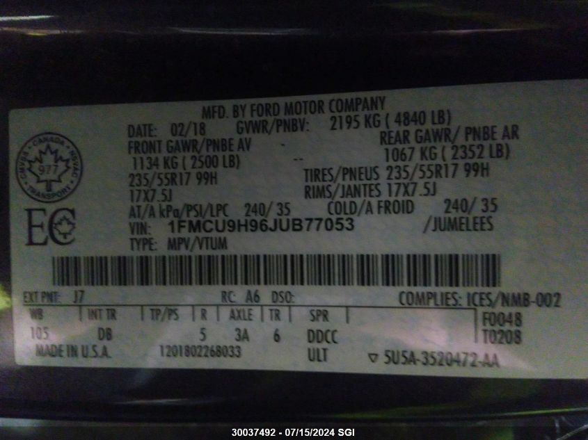 2018 Ford Escape Sel VIN: 1FMCU9H96JUB77053 Lot: 30037492
