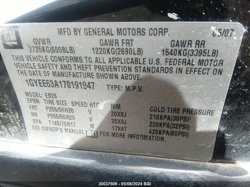 2007 Cadillac Srx VIN: 1GYEE63A170191947 Lot: 30037509