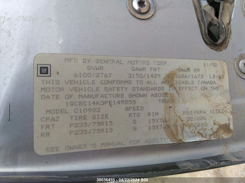 1993 Chevrolet Gmt-400 C1500 VIN: 1GCEC14K3PE149255 Lot: 30036455