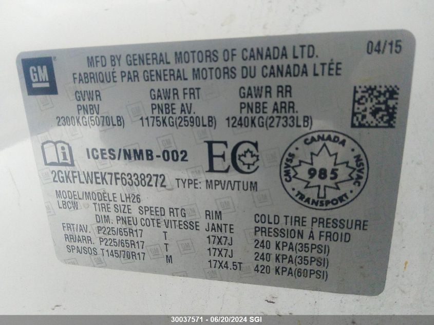 2015 GMC Terrain Sle VIN: 2GKFLWEK7F6338272 Lot: 30037571