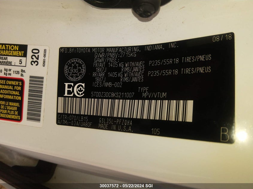 2019 Toyota Sienna Xle/Xle Premium/Limited/L VIN: 5TDDZ3DC8KS211007 Lot: 30037572