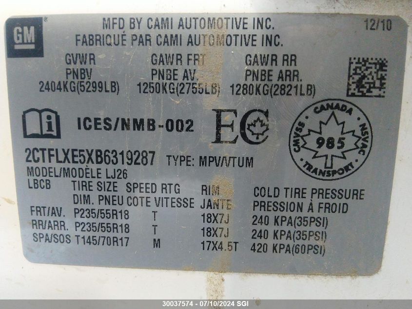 2011 GMC Terrain Slt VIN: 2CTFLXE5XB6319287 Lot: 30037574