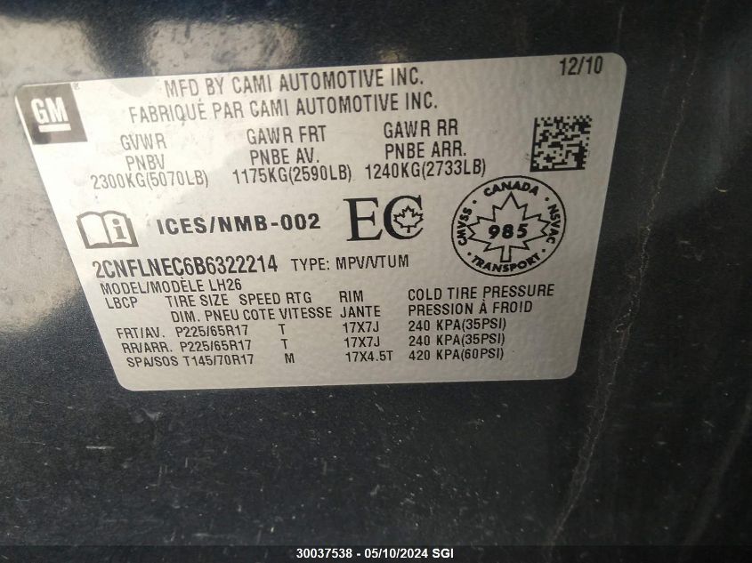 2011 Chevrolet Equinox Lt VIN: 2CNFLNEC6B6322214 Lot: 30037538