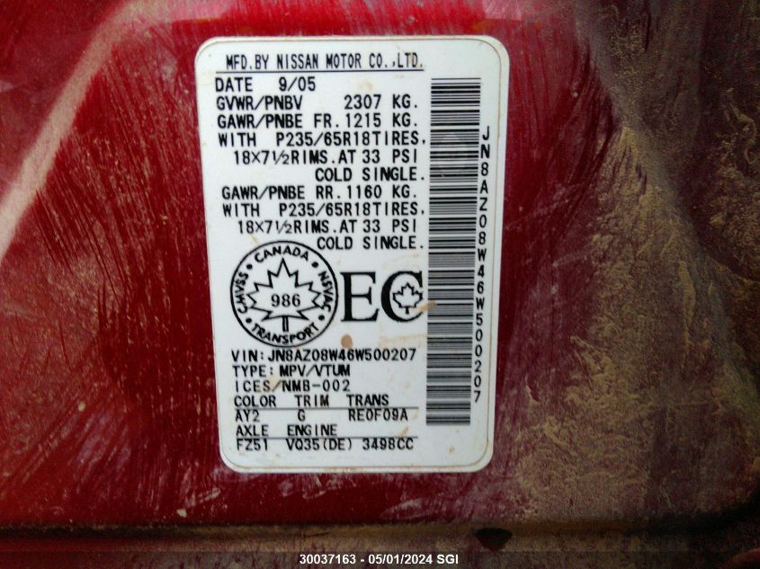 2006 Nissan Murano Sl/Se/S VIN: JN8AZ08W46W500207 Lot: 30037163