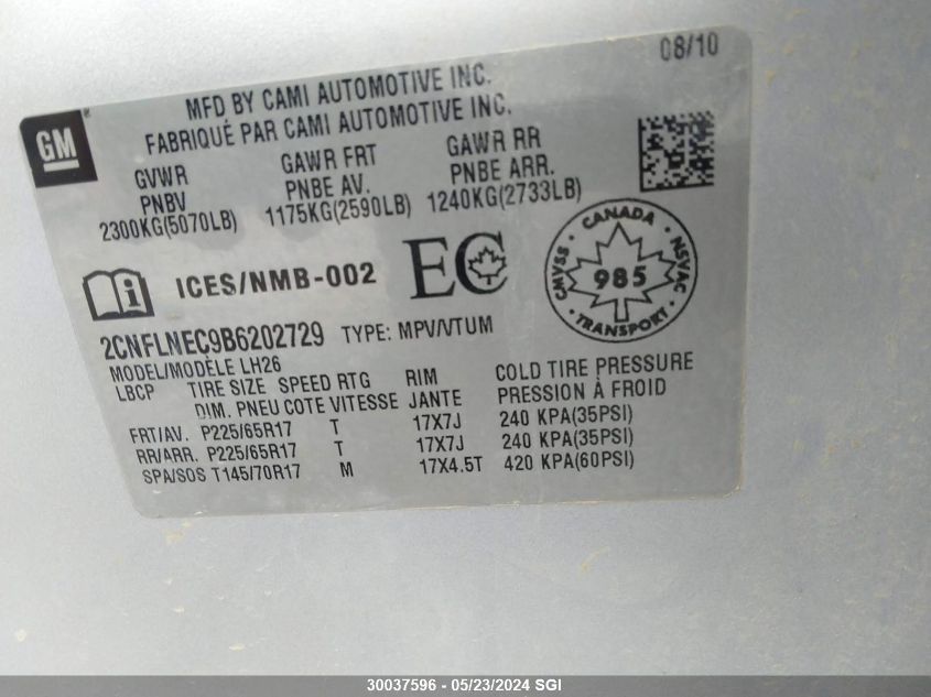 2011 Chevrolet Equinox Lt VIN: 2CNFLNEC9B6202729 Lot: 30037596