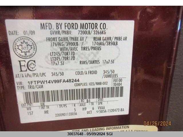 2009 Ford F150 Supercrew VIN: 1FTPW14V99FA48244 Lot: 30037648