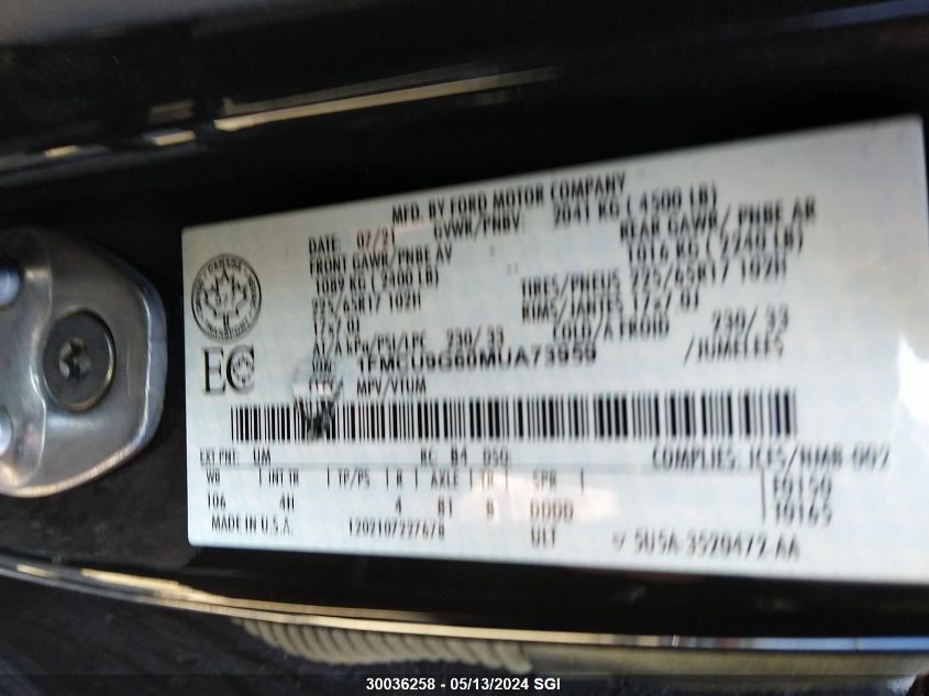 2021 Ford Escape Se VIN: 1FMCU9G60MUA73959 Lot: 30036258