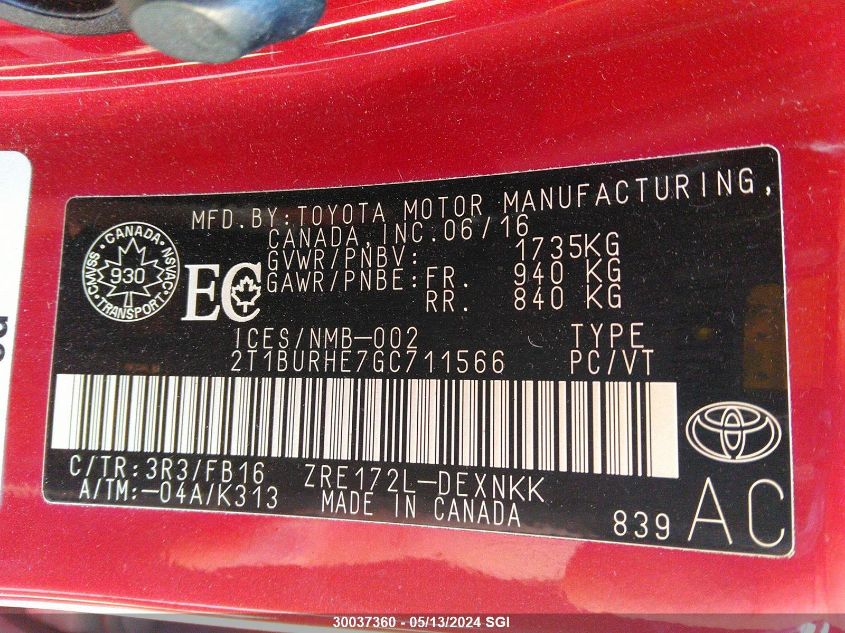 2016 Toyota Corolla L/Le/Le Pls/Prm/S/S Pls VIN: 2T1BURHE7GC711566 Lot: 30037360