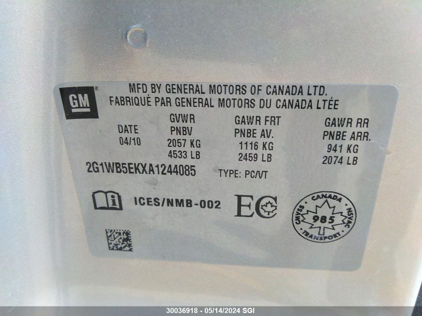 2010 Chevrolet Impala Lt VIN: 2G1WB5EKXA1244085 Lot: 30036918