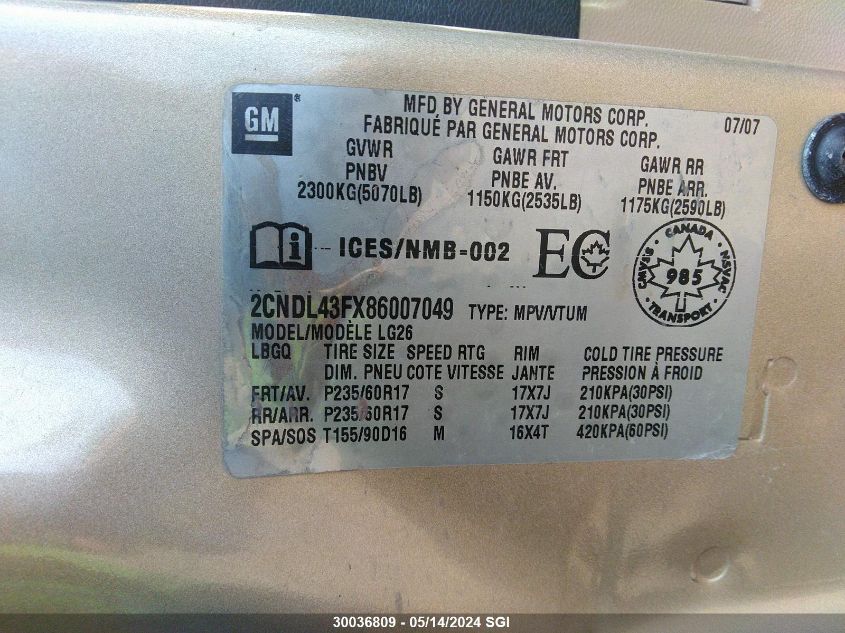 2008 Chevrolet Equinox Lt VIN: 2CNDL43FX86007049 Lot: 30036809