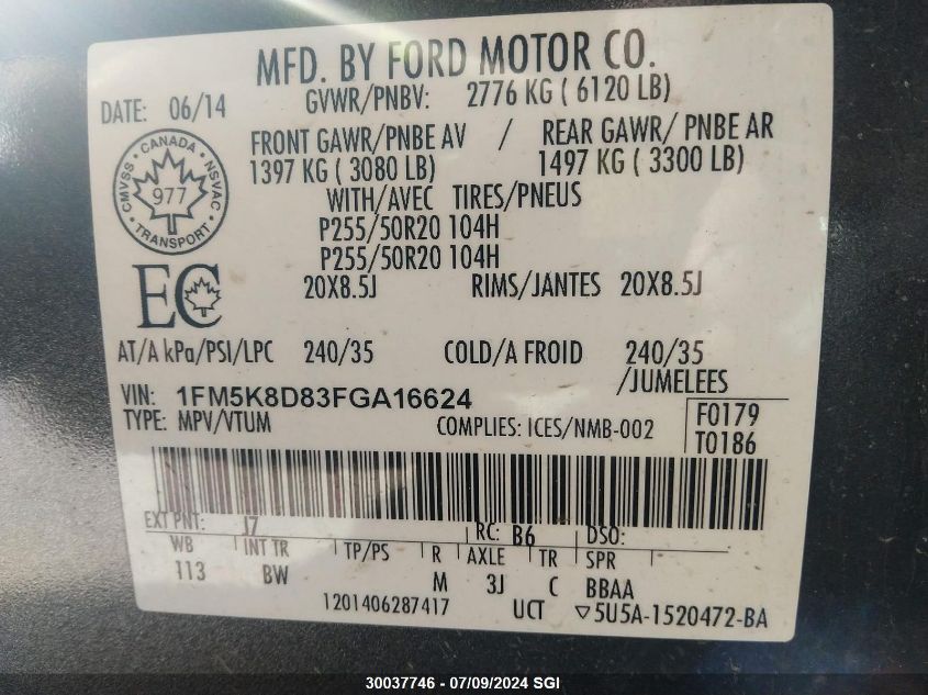 2015 Ford Explorer Xlt VIN: 1FM5K8D83FGA16624 Lot: 30037746