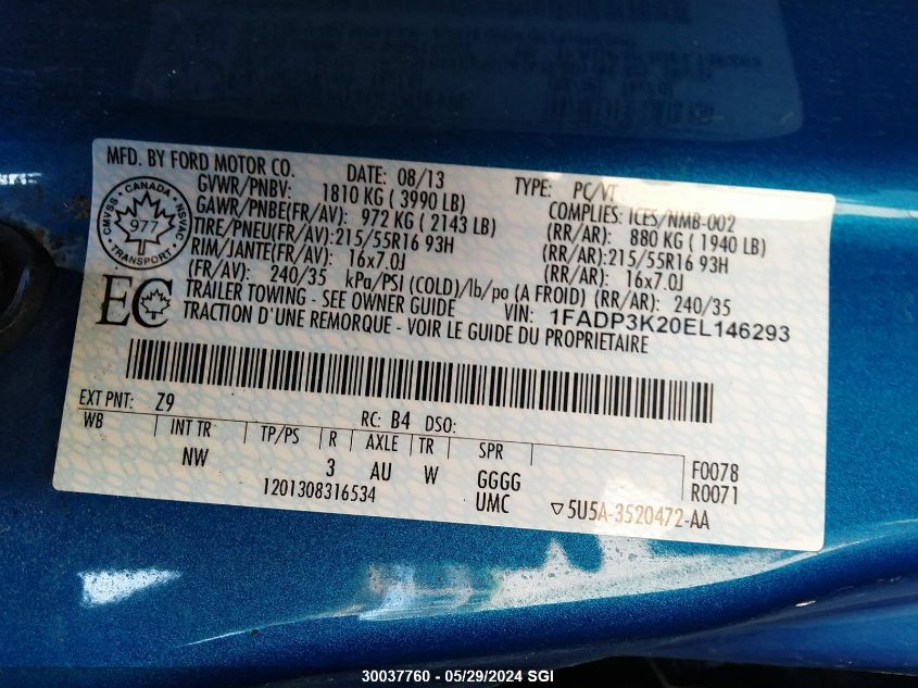 2014 Ford Focus Se VIN: 1FADP3K20EL146293 Lot: 30037760