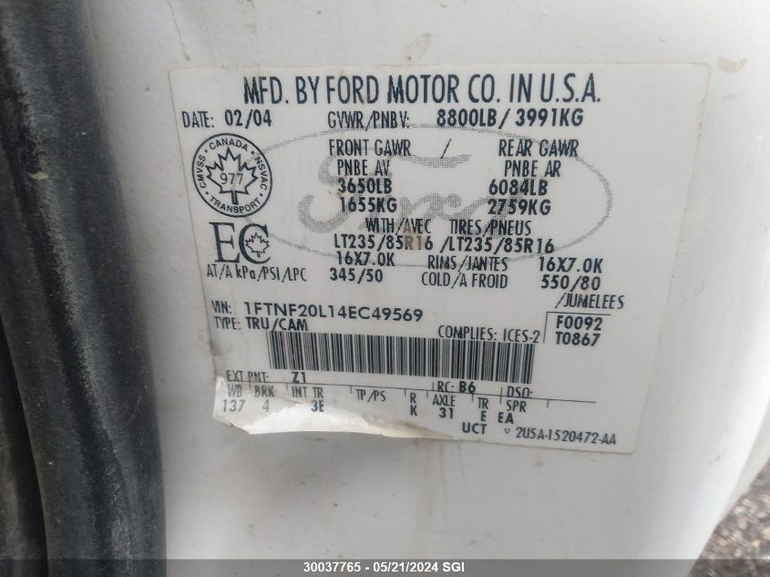 2004 Ford F250 Super Duty VIN: 1FTNF20L14EC49569 Lot: 30037765