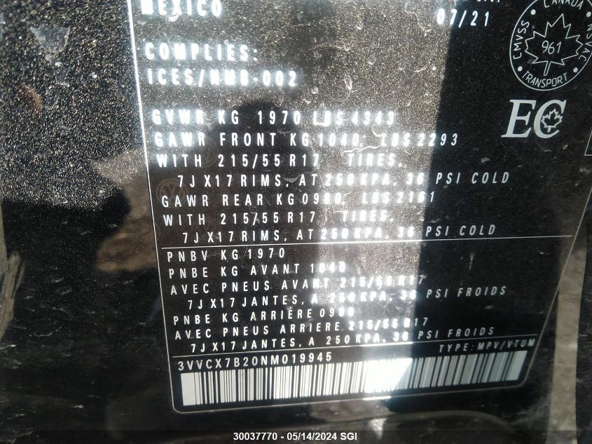 2022 Volkswagen Taos S VIN: 3VVCX7B20NM019945 Lot: 30037770