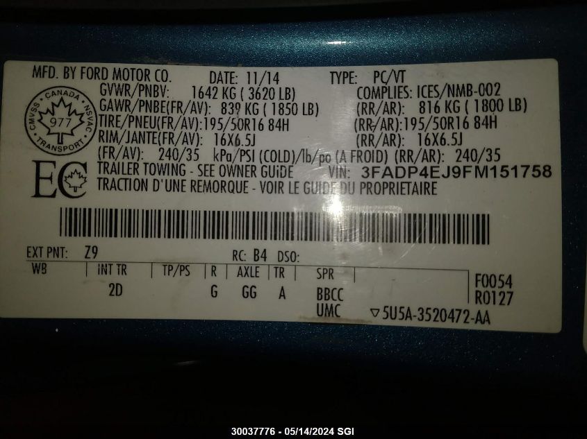 2015 Ford Fiesta Se VIN: 3FADP4EJ9FM151758 Lot: 30037776