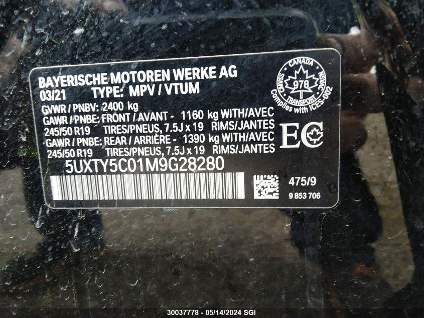 2021 BMW X3 xDrive30I VIN: 5UXTY5C01M9G28280 Lot: 30037778