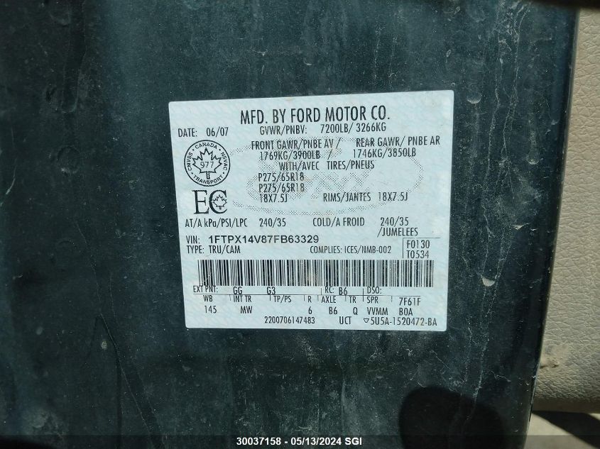 2007 Ford F150 VIN: 1FTPX14V87FB63329 Lot: 30037158