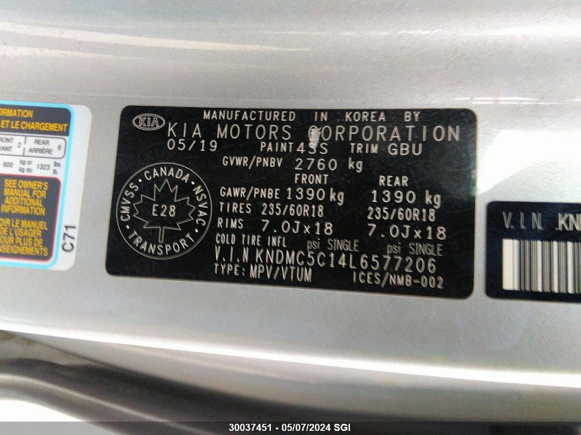 2020 Kia Sedona Ex/Sx VIN: KNDMC5C14L6577206 Lot: 30037451