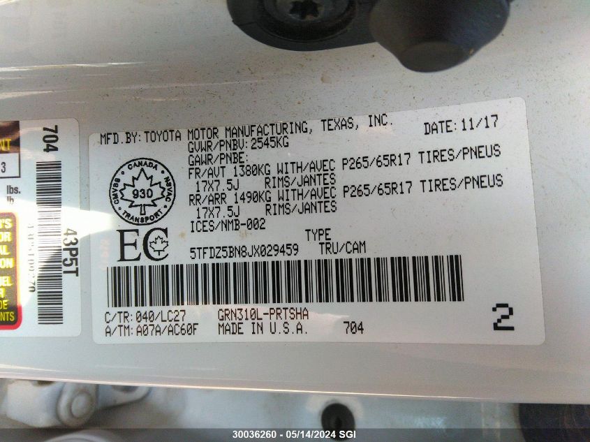 2018 Toyota Tacoma Dbl Cab/Sr5/Trd Sport/Or VIN: 5TFDZ5BN8JX029459 Lot: 30036260