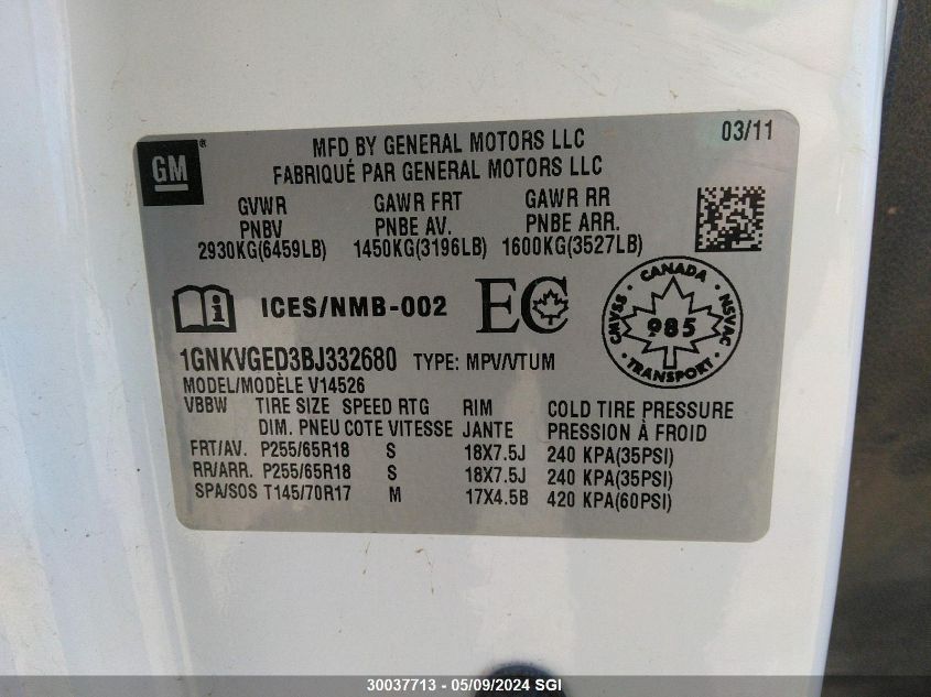 2011 Chevrolet Traverse Lt VIN: 1GNKVGED3BJ332680 Lot: 30037713