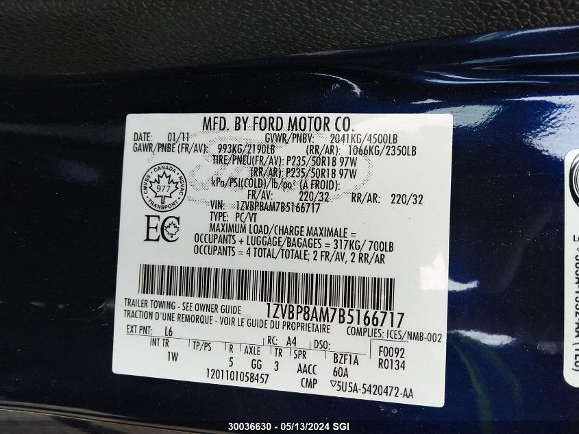 2011 Ford Mustang VIN: 1ZVBP8AM7B5166717 Lot: 30036630