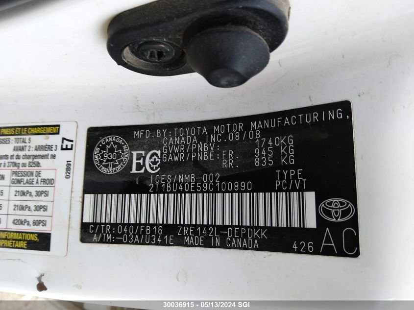 2009 Toyota Corolla S/Le/Xle VIN: 2T1BU40E59C100890 Lot: 30036915