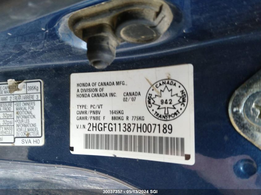 2007 Honda Civic Dx-G VIN: 2HGFG11387H007189 Lot: 30037357