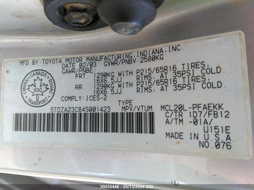 2004 Toyota Sienna Ce/Le VIN: 5TDZA23C84S001423 Lot: 30035446