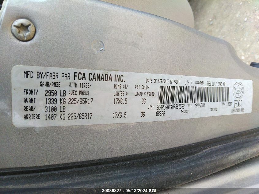 2017 Dodge Grand Caravan Se VIN: 2C4RDGBG4HR881592 Lot: 30036827